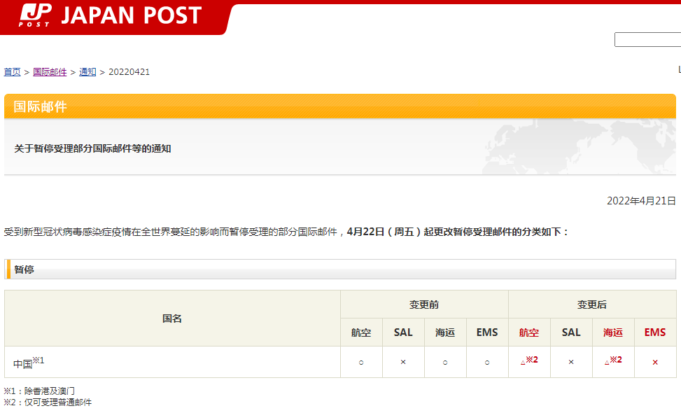 【空运】日本邮政暂停至中国的ems、航空及海运包裹服务；联邦快递恢复部分华东地区进口服务